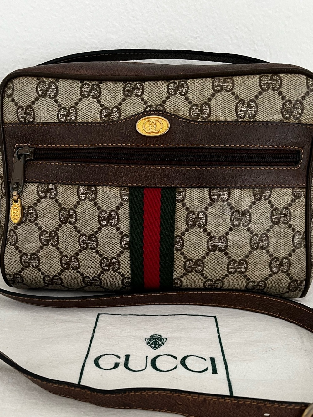 Vintage Gucci GG Supreme Sherry Line Crossbody Camera Bag Early 80s Collectible